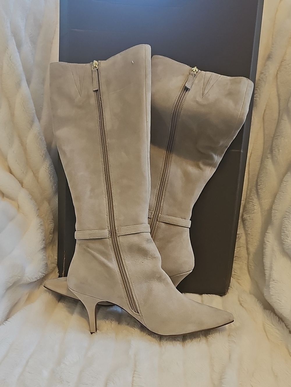 Paolo Taupe Suede Pointed-Toe Knee-High Heeled Boots